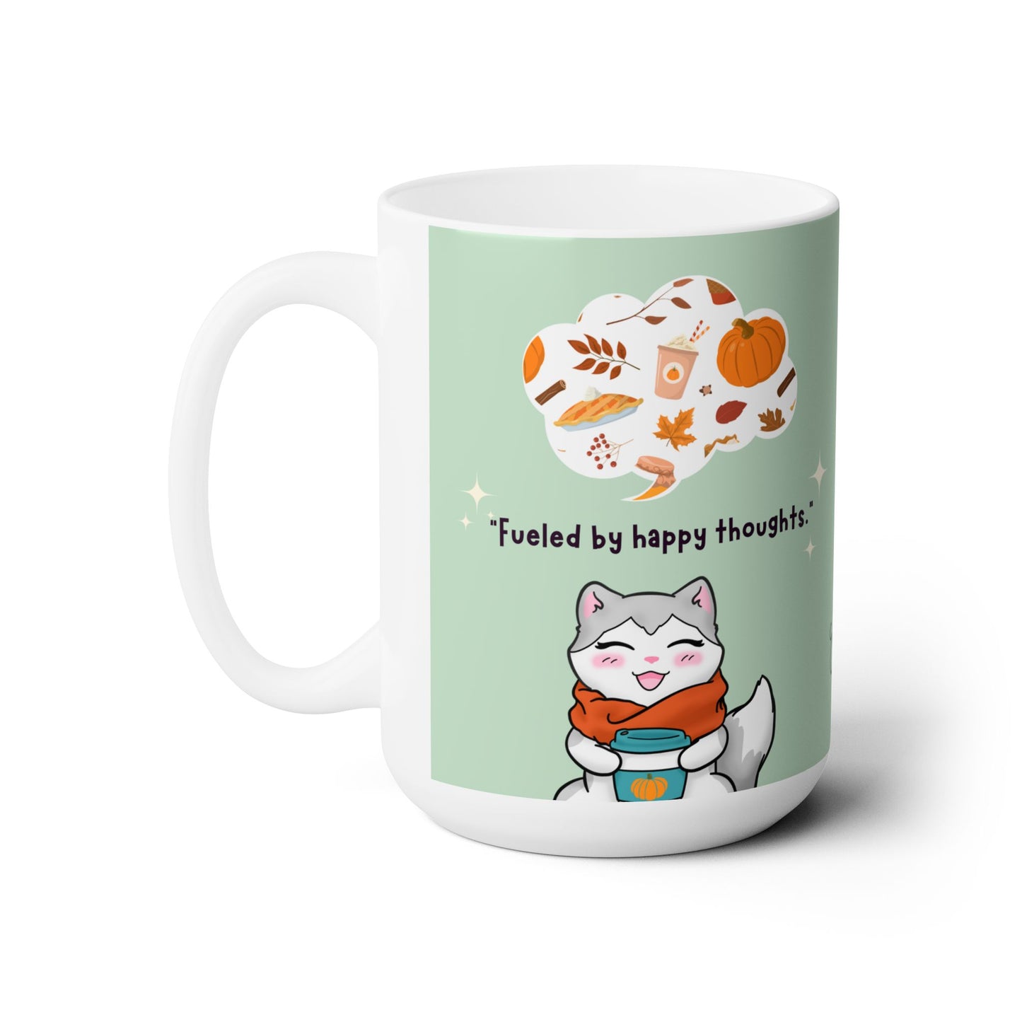 Kitty and Corgi Fueled by Happy Thoughts for Autumn Lovers - sage green - 15 oz Mug