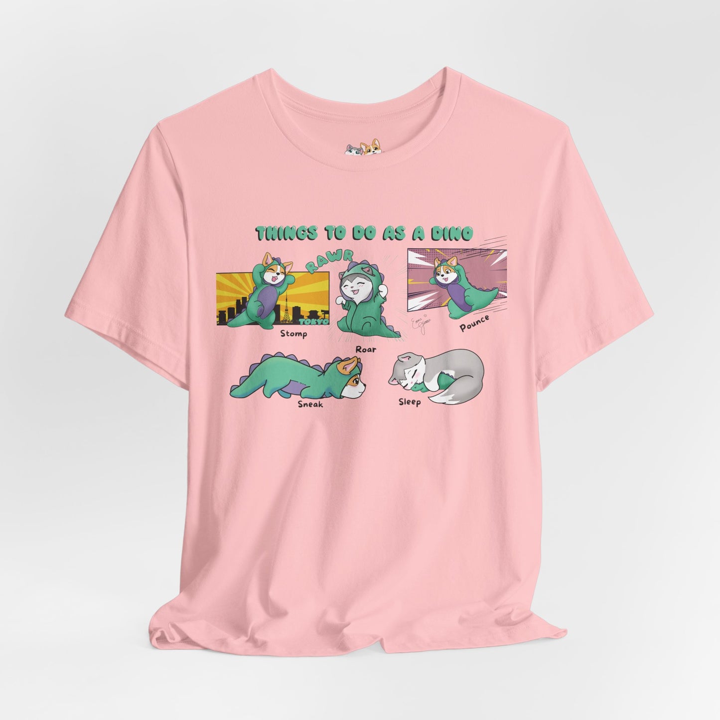 Kitty and Corgi - Things To Do As A Dino - Super Soft Cotton Airlume Unisex T-Shirt (Horizontal Graphic)