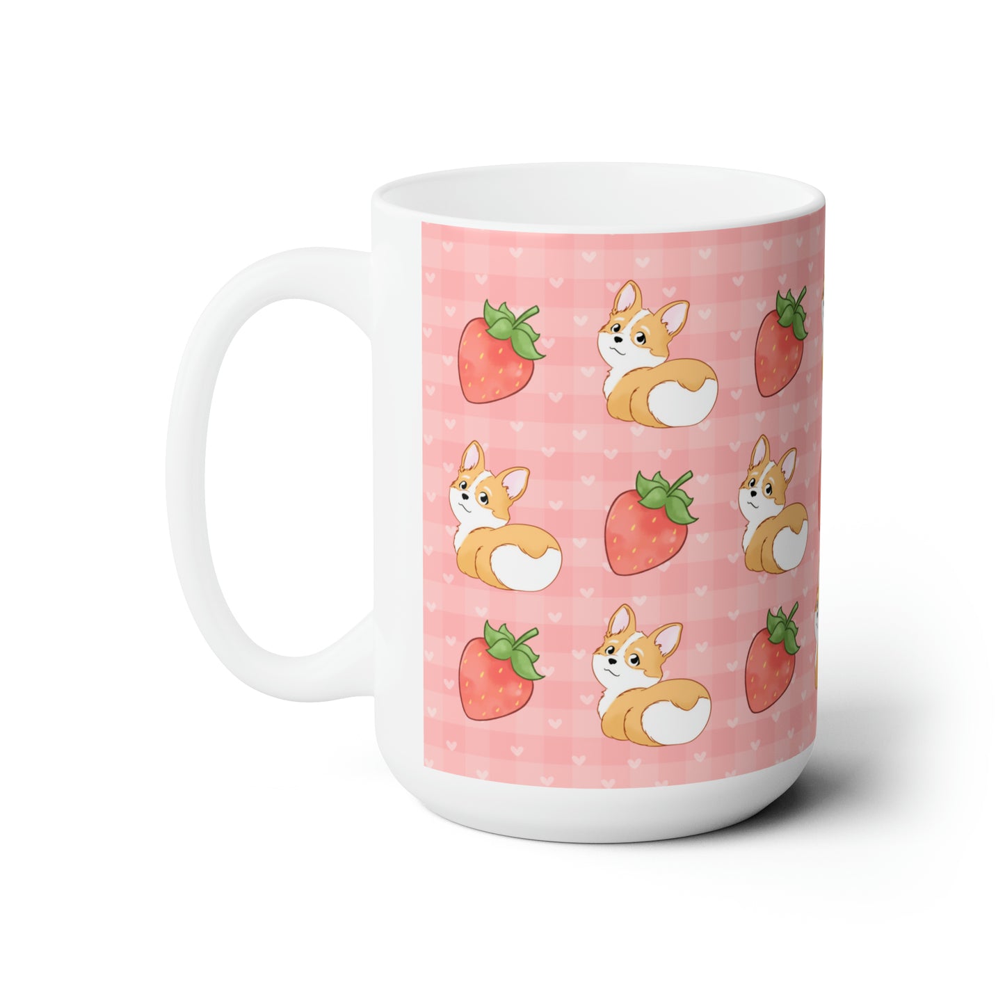 Corgi Butt and Strawberries Pink Heart Gingham 15 oz Mug