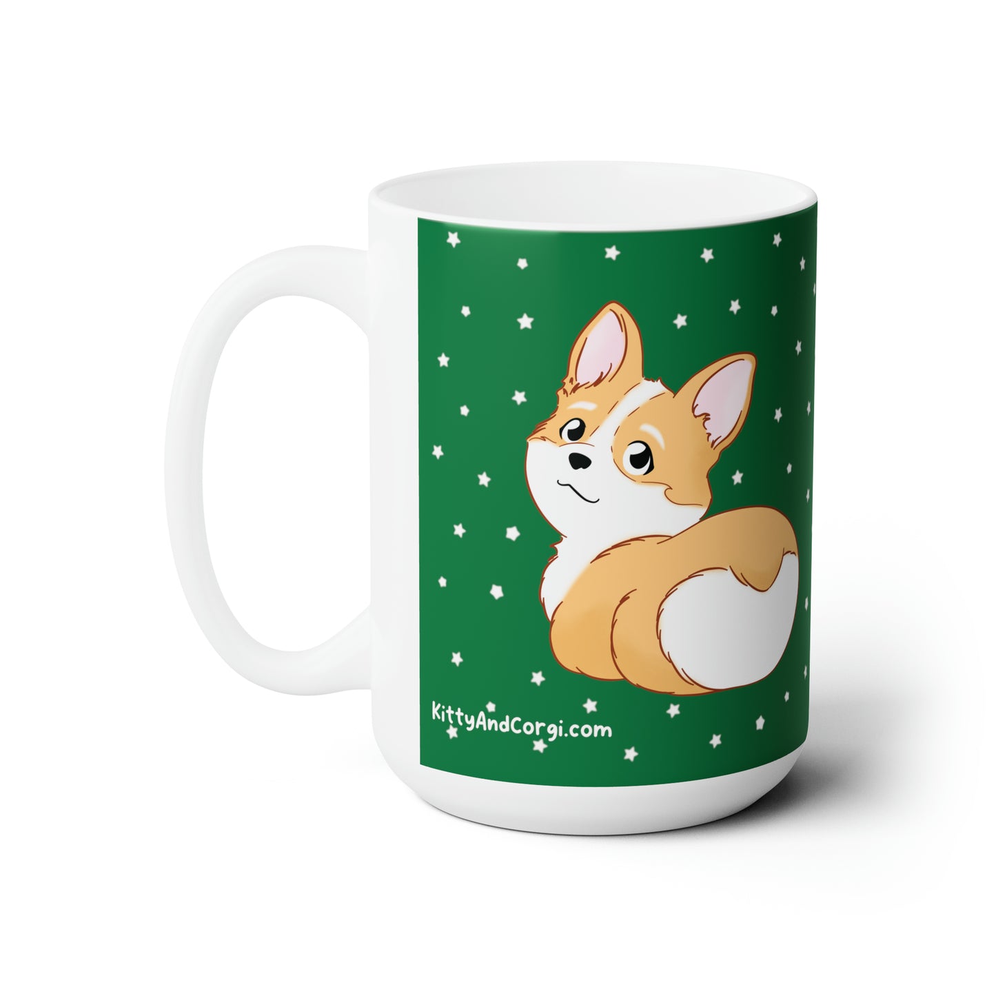 Corgi Butt Ceramic Mug in Christmas Green with stars - single design 15oz