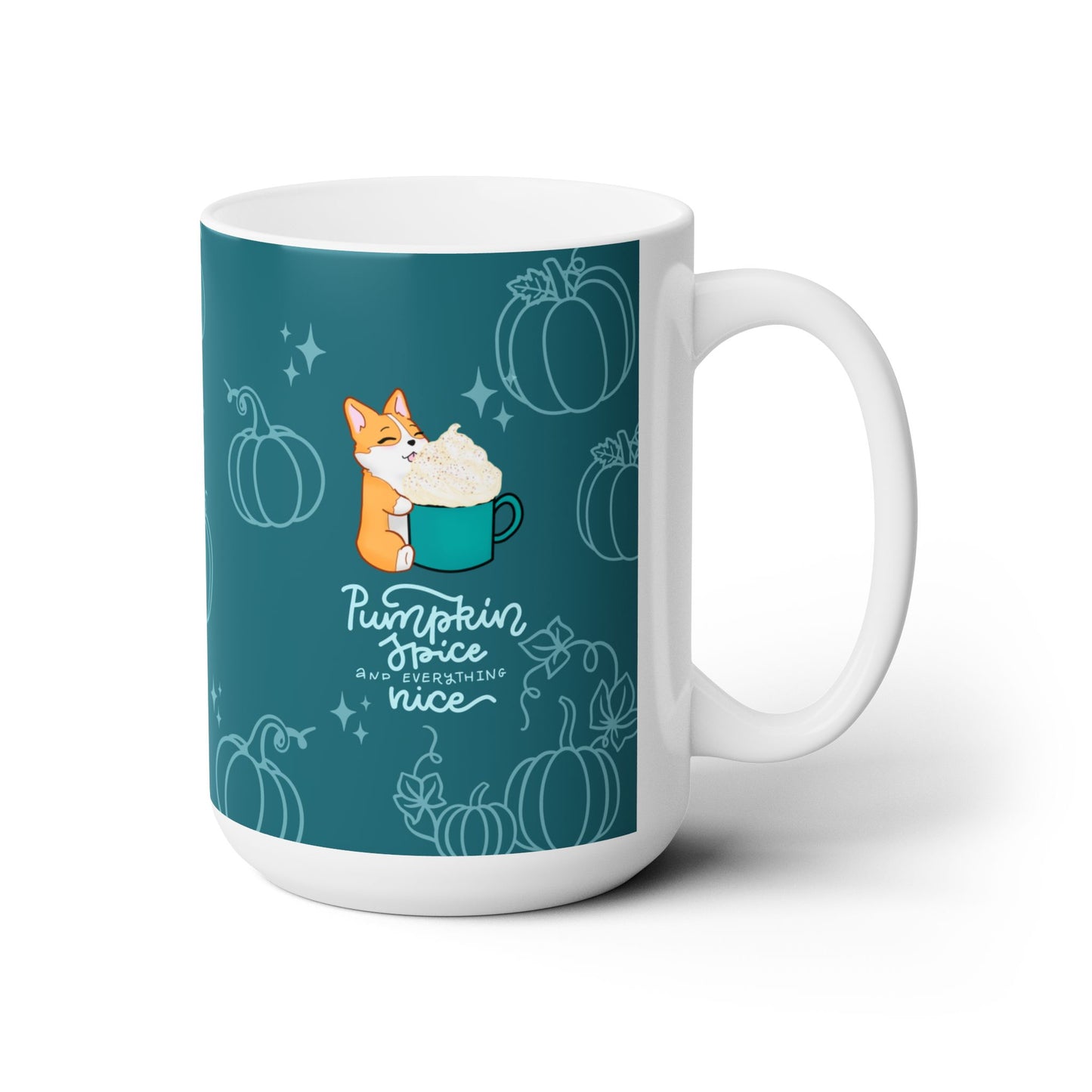 Kitty and Corgi Fueled by Happy Thoughts - Teal - 15 oz Mug