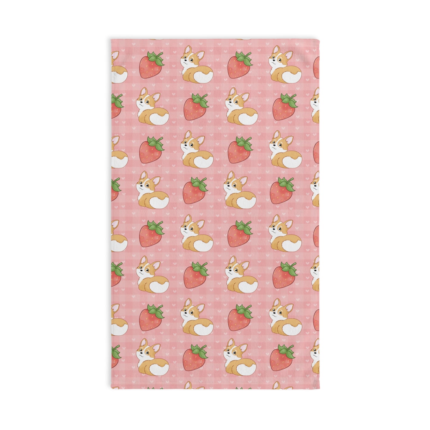 Corgi Butt and Strawberries Pink Hearts Gingham Hand Towel