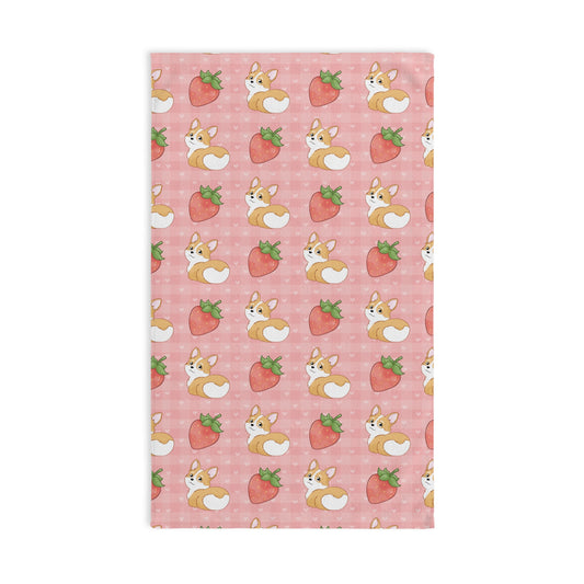 Corgi Butt and Strawberries Pink Hearts Gingham Hand Towel