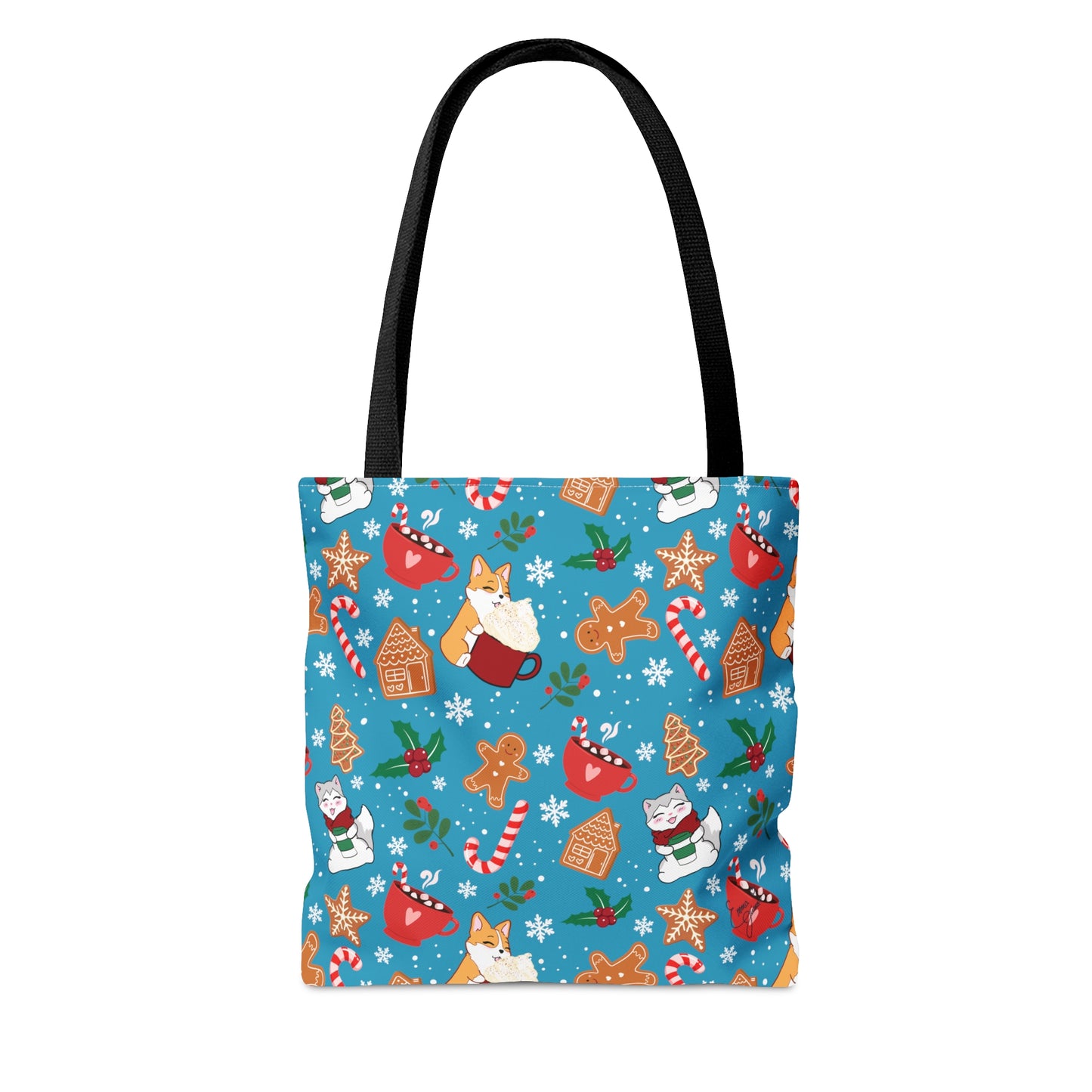 Kitty and Corgi Cocoa and Gingerbread Patterned Turquoise Tote Bag