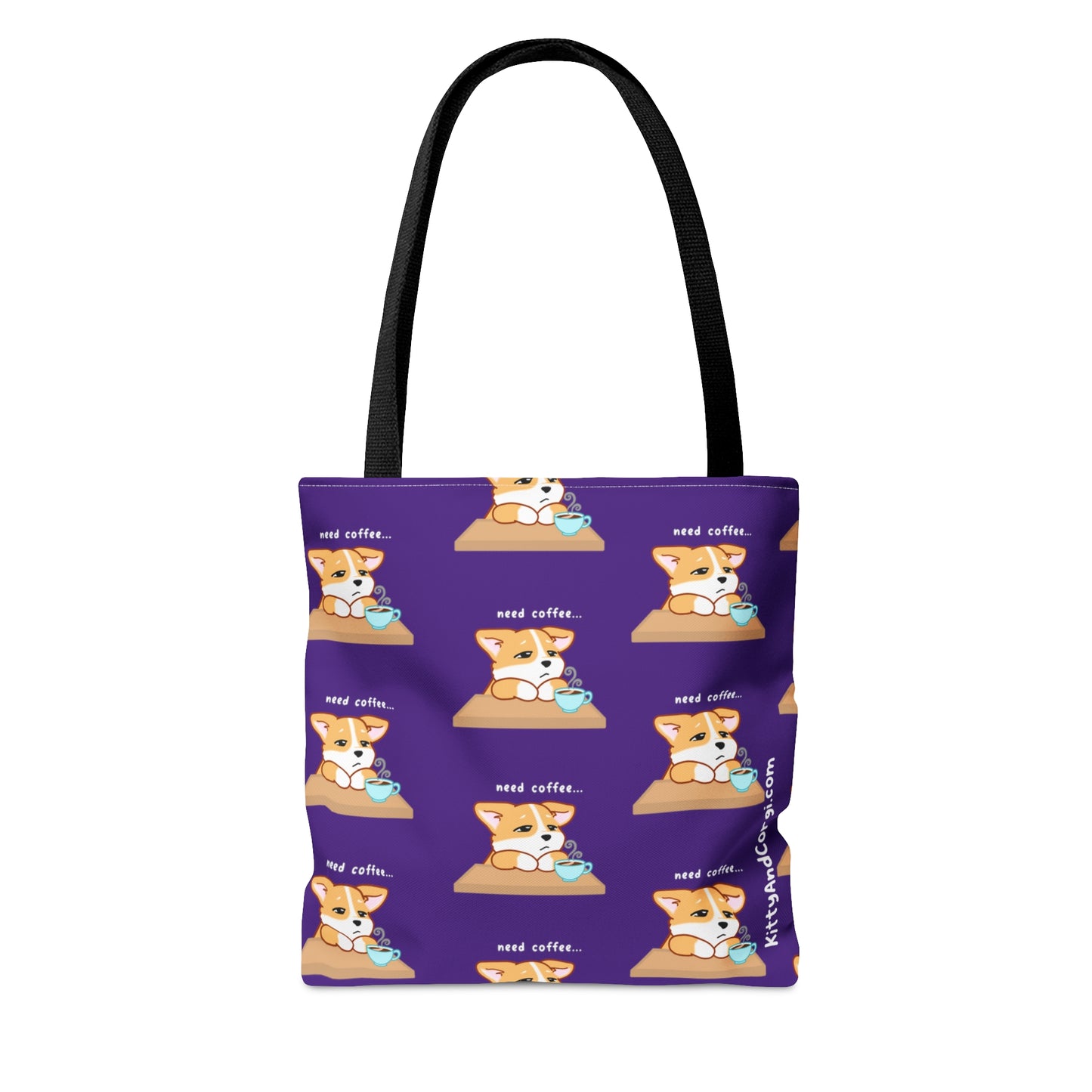 Corgi Needs Coffee - Repeating Pattern in Dark Purple - Tote Bag