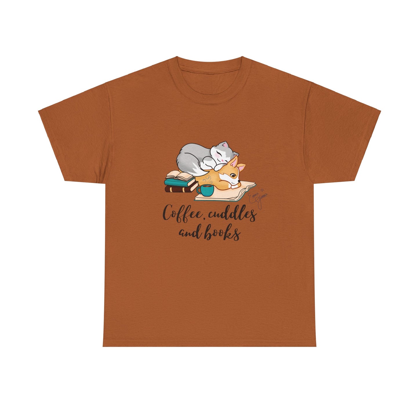Kitty and Corgi Coffee Cuddles and Books Unisex Heavy Cotton Tee