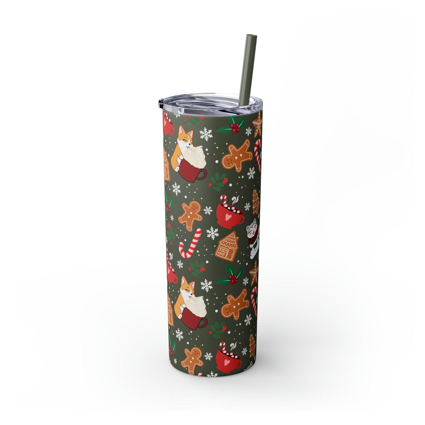 Kitty and Corgi Cocoa and Gingerbread Christmas - Skinny Tumbler with Straw, 20oz