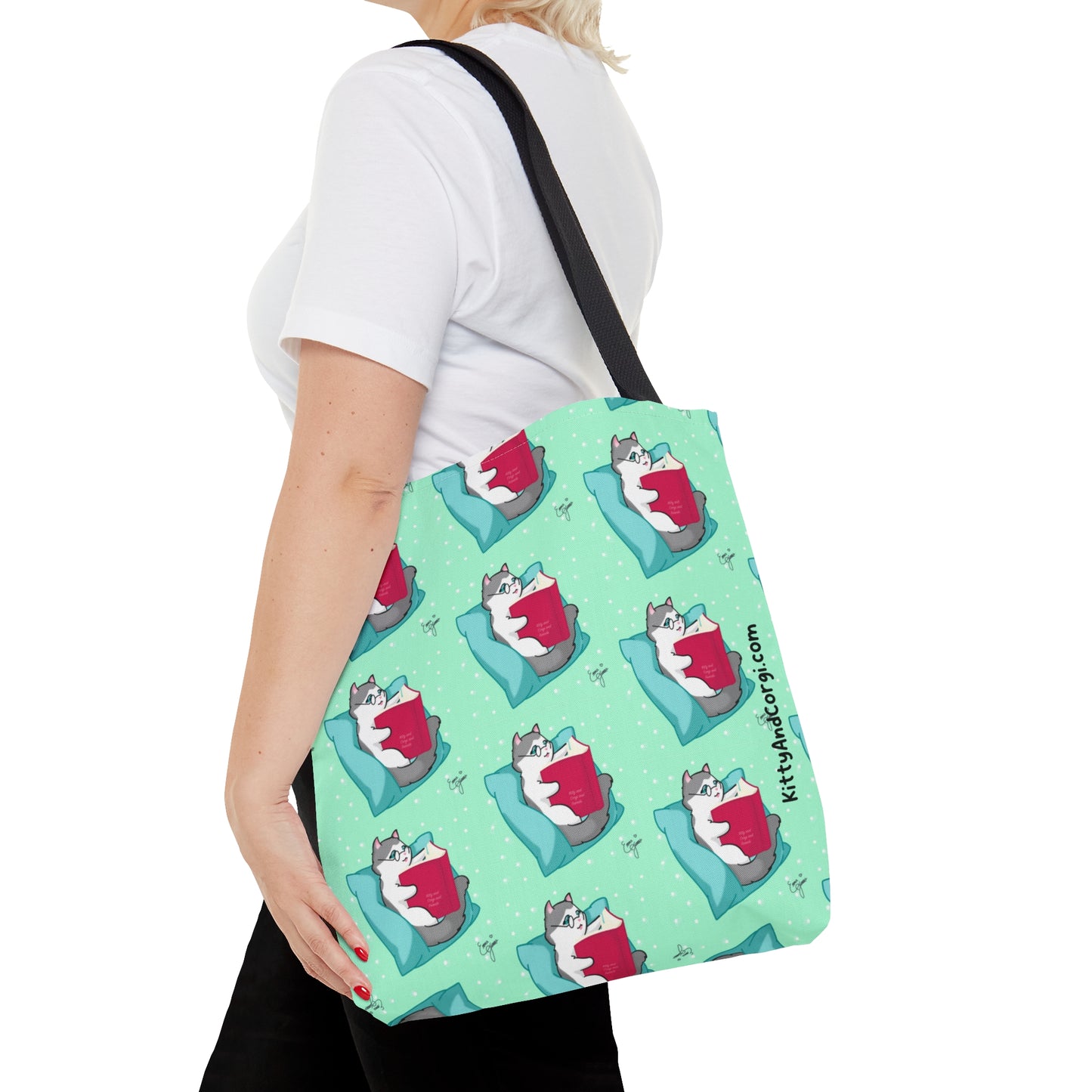 Kitty Reading a Book - Repeating Pattern - Tote Bag (AOP)