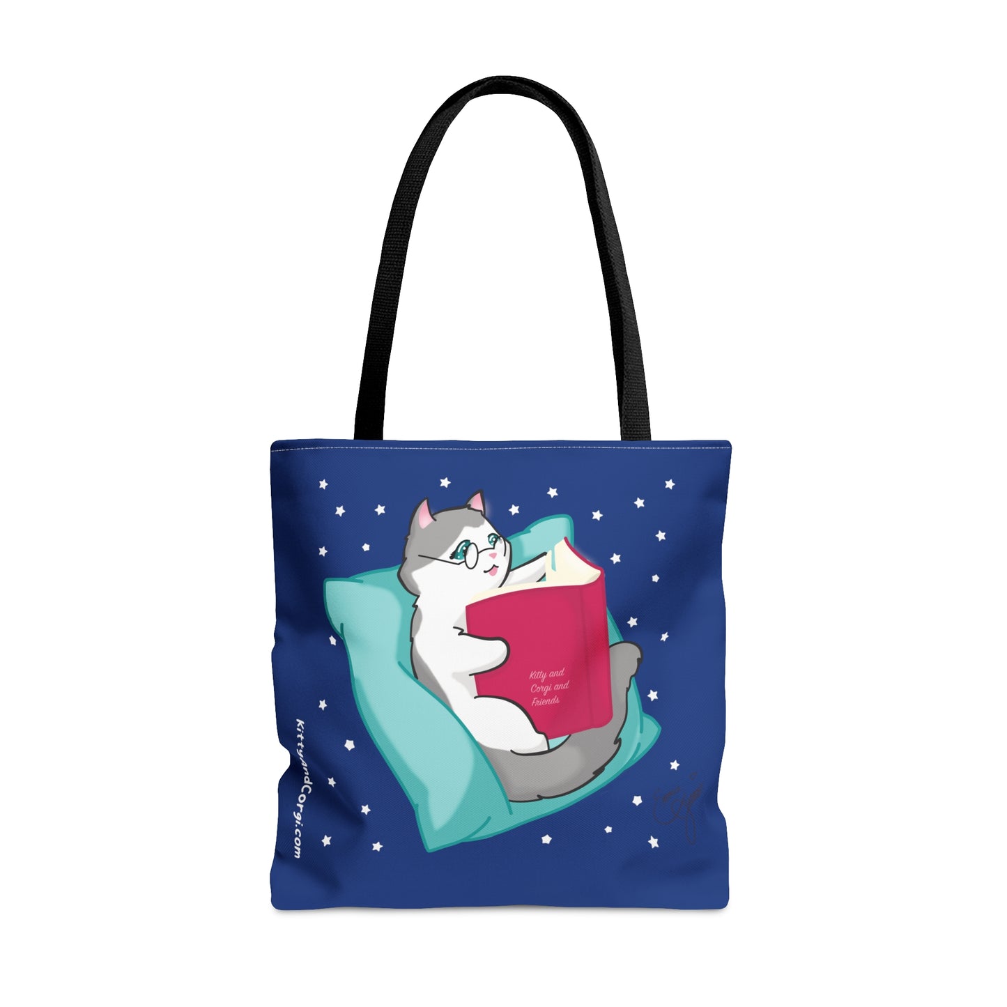 Kitty Reading a Book - single design - Midnight Blue Tote Bag (AOP)