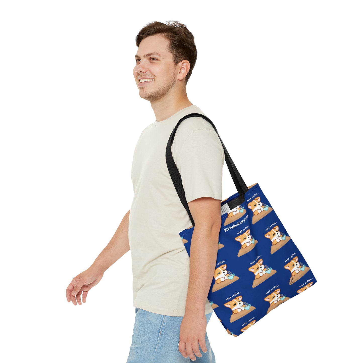 Corgi Needs Coffee - Repeating Pattern in Midnight Blue - Tote Bag