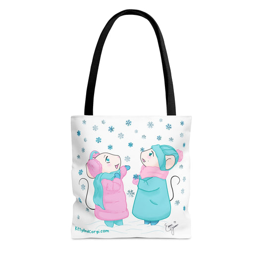 Snow Mousies Catching Snowflakes Tote Bag