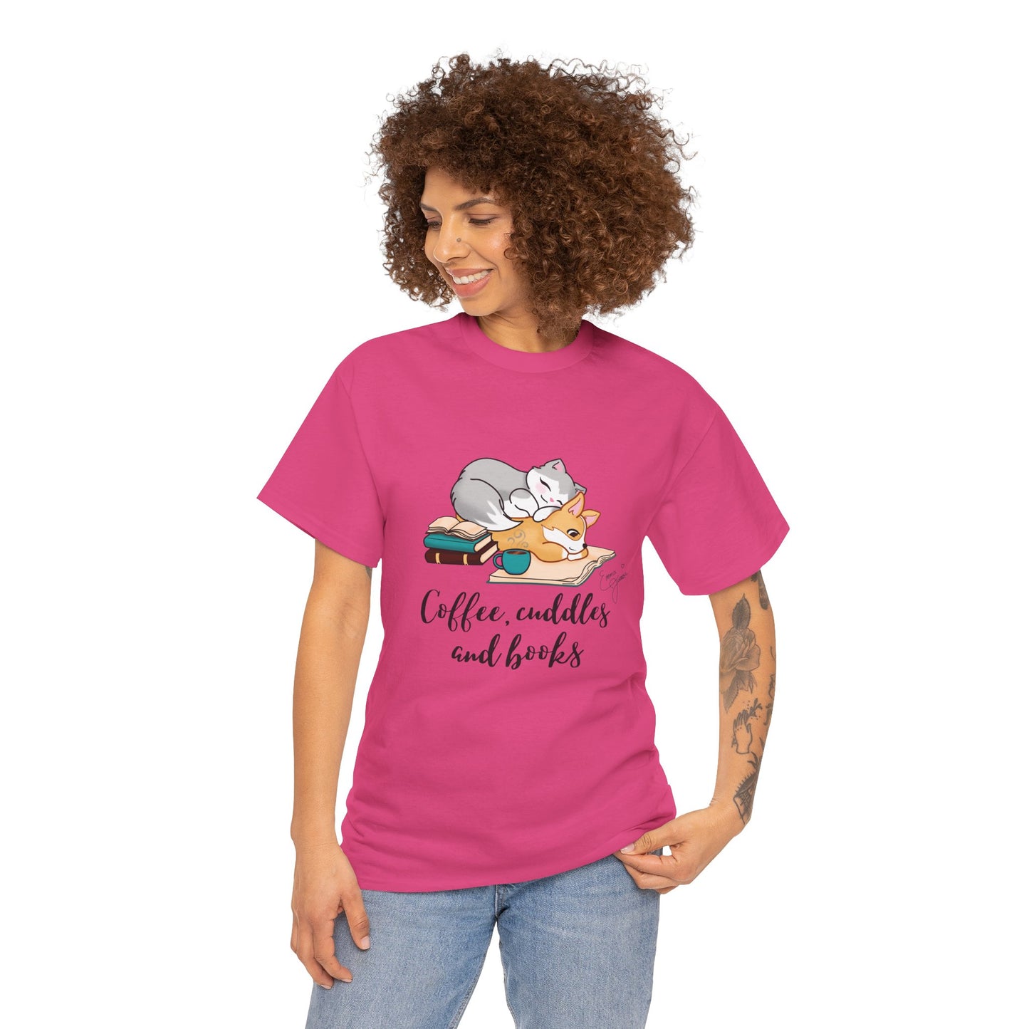 Kitty and Corgi Coffee Cuddles and Books Unisex Heavy Cotton Tee