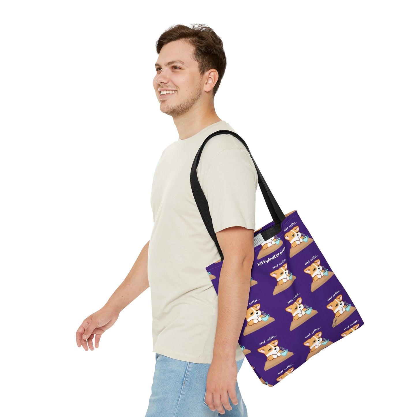 Corgi Needs Coffee - Repeating Pattern in Dark Purple - Tote Bag