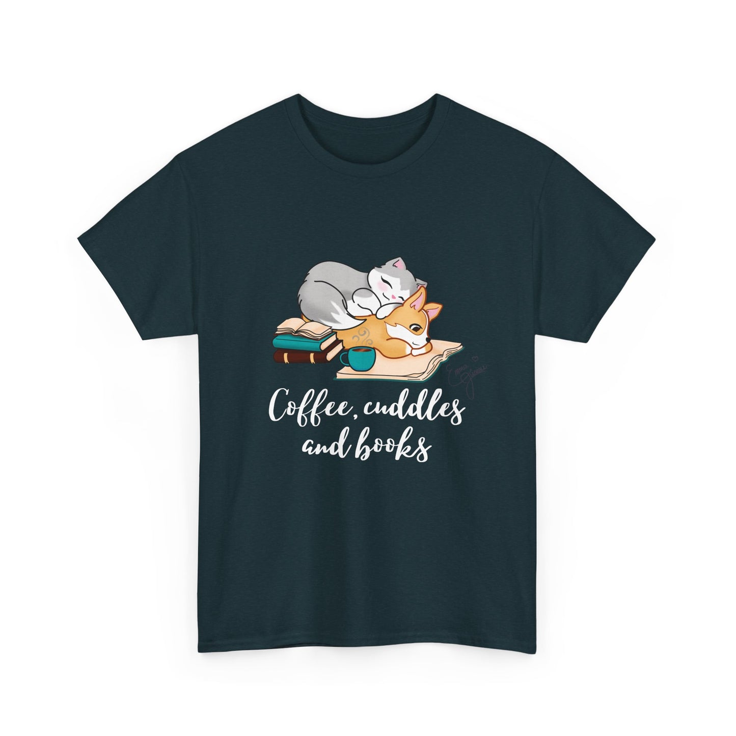 Kitty and Corgi Coffee Cuddles and Books Unisex Heavy Cotton Tee