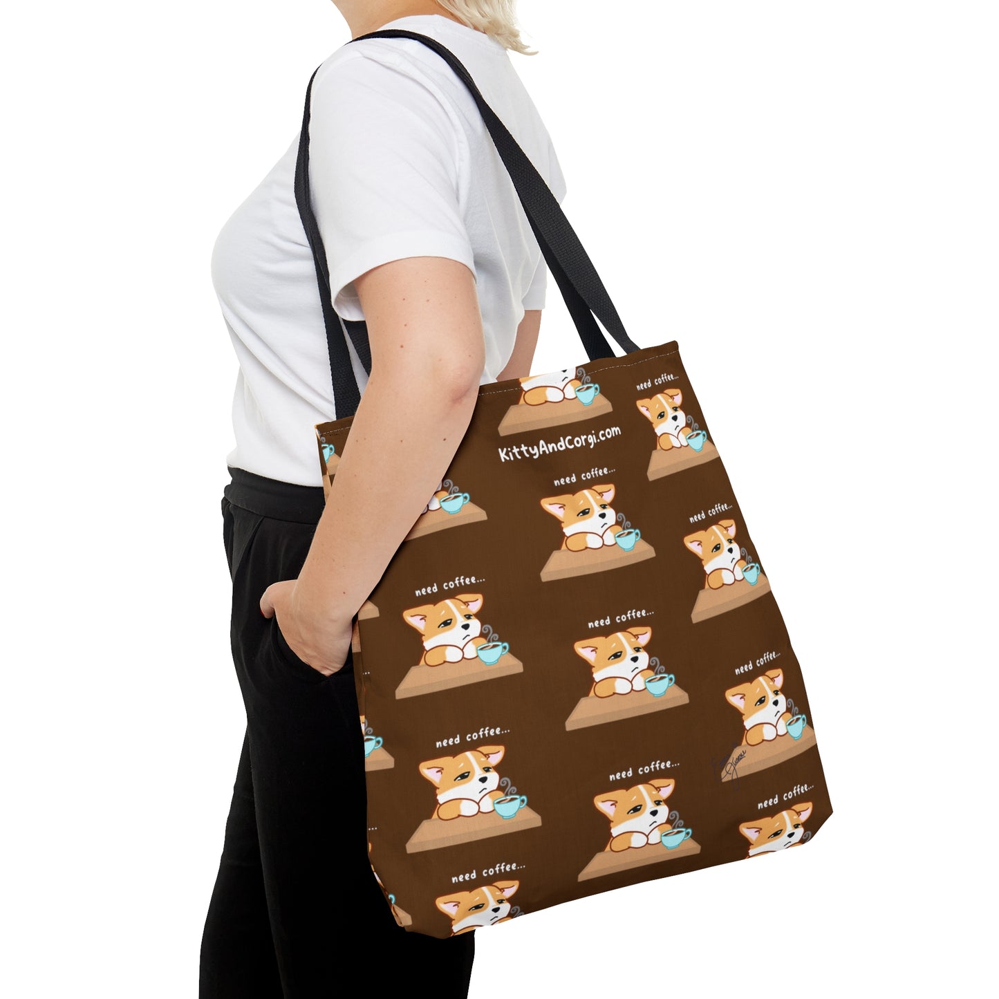 Corgi Needs Coffee - Repeating Pattern in Coffee Brown - Tote Bag