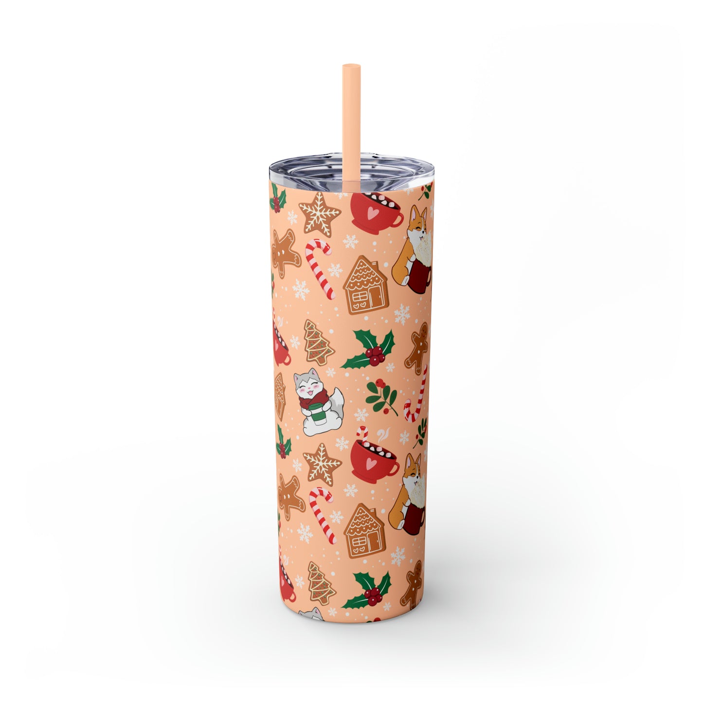 Kitty and Corgi Cocoa and Gingerbread Christmas - Skinny Tumbler with Straw, 20oz