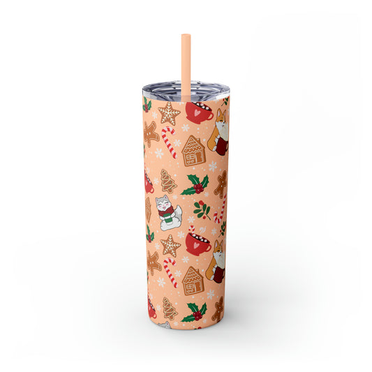 Kitty and Corgi Cocoa and Gingerbread Christmas - Skinny Tumbler with Straw, 20oz