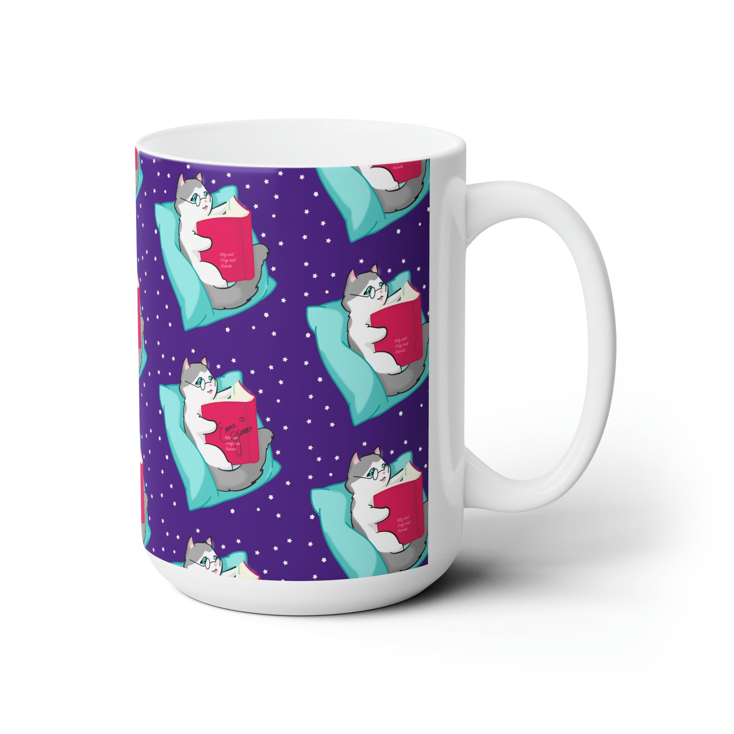 Kitty Reading a Book - Patterned Purple Ceramic Mug 15oz