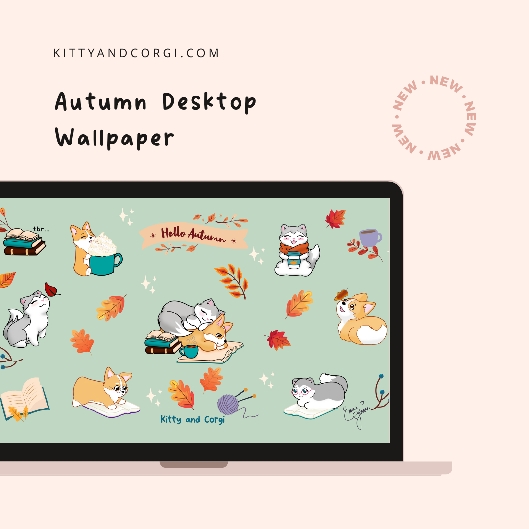 Sage Green Kitty and Corgi Cozy Fall Vibes 4k Desktop Wallpaper Bundle