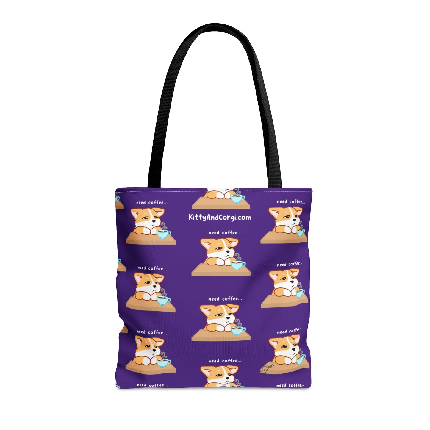 Corgi Needs Coffee - Repeating Pattern in Dark Purple - Tote Bag