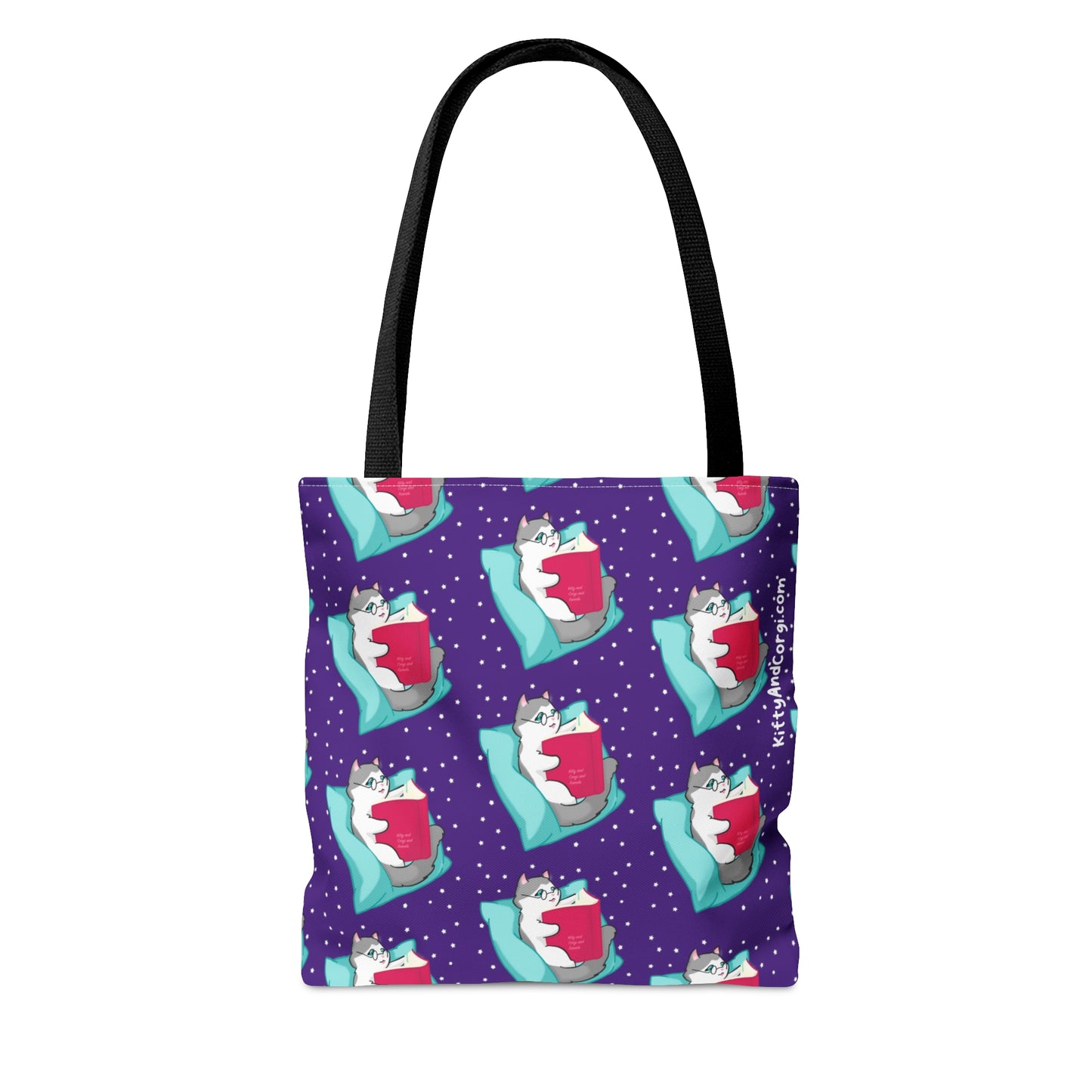 Kitty Reading a Book - Repeating Pattern in Dark Purple - Tote Bag (AOP)
