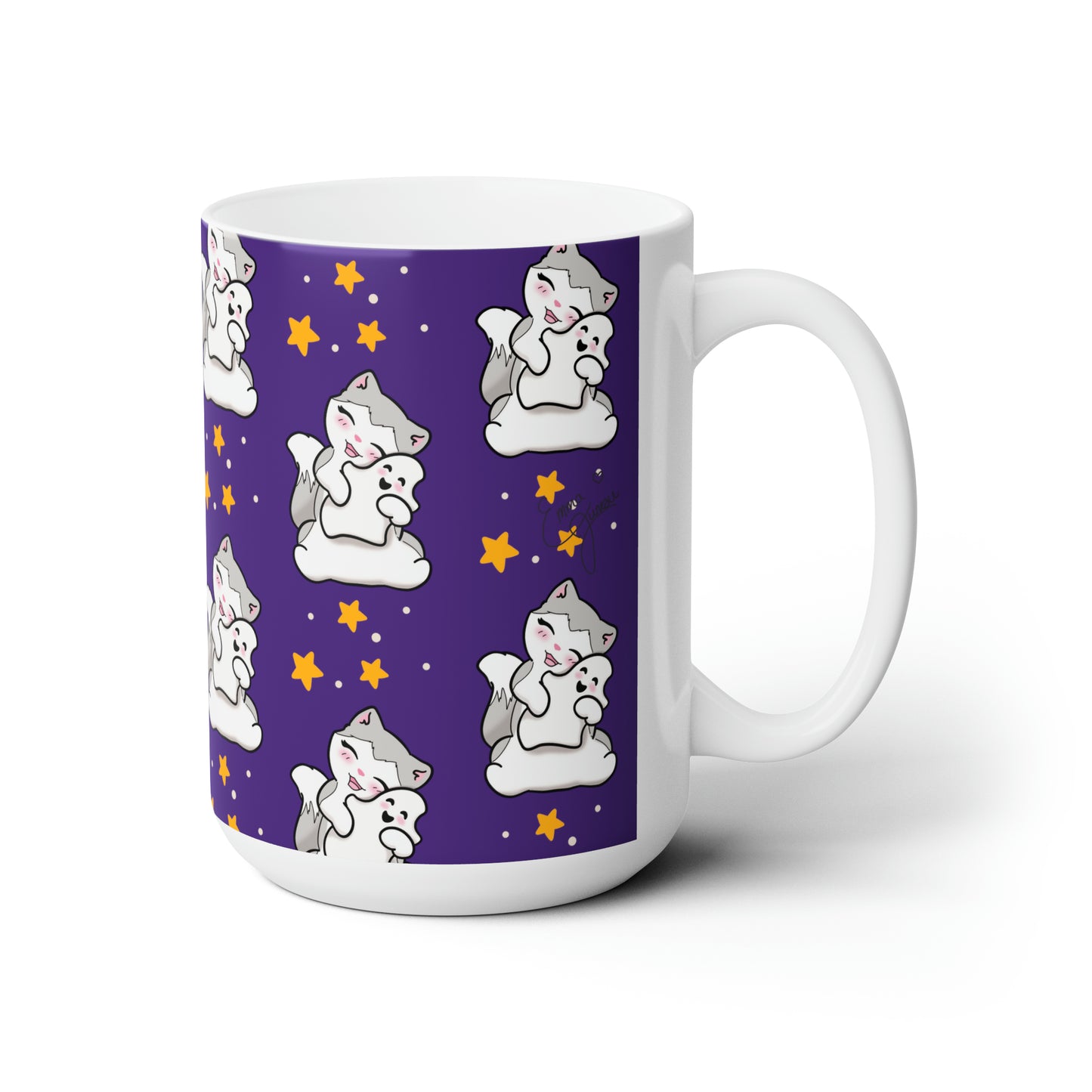 Kitty loves her Ghostie Pillow - Purple Patterned Mug - 15oz