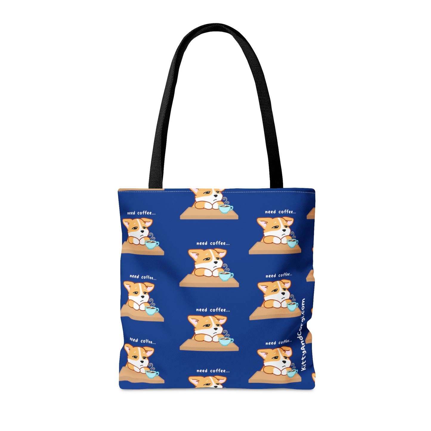 Corgi Needs Coffee - Repeating Pattern in Midnight Blue - Tote Bag