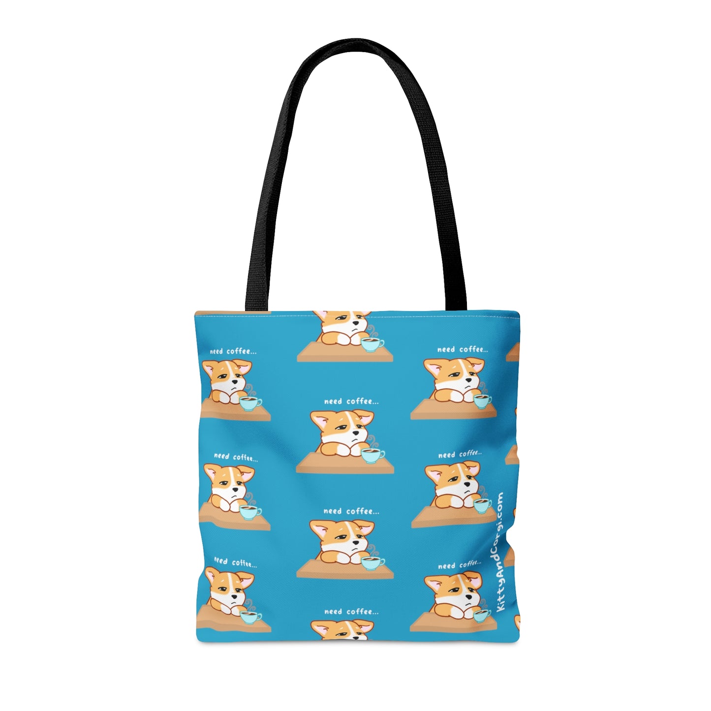 Corgi Needs Coffee - Repeating Pattern in Turquoise - Tote Bag
