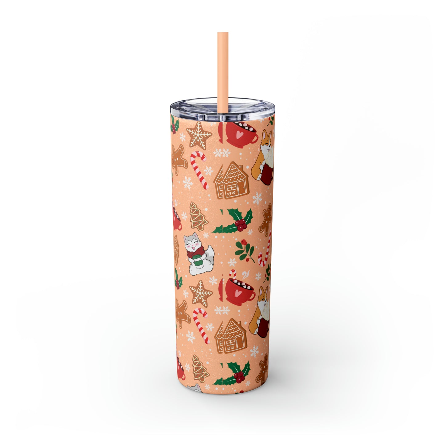 Kitty and Corgi Cocoa and Gingerbread Christmas - Skinny Tumbler with Straw, 20oz