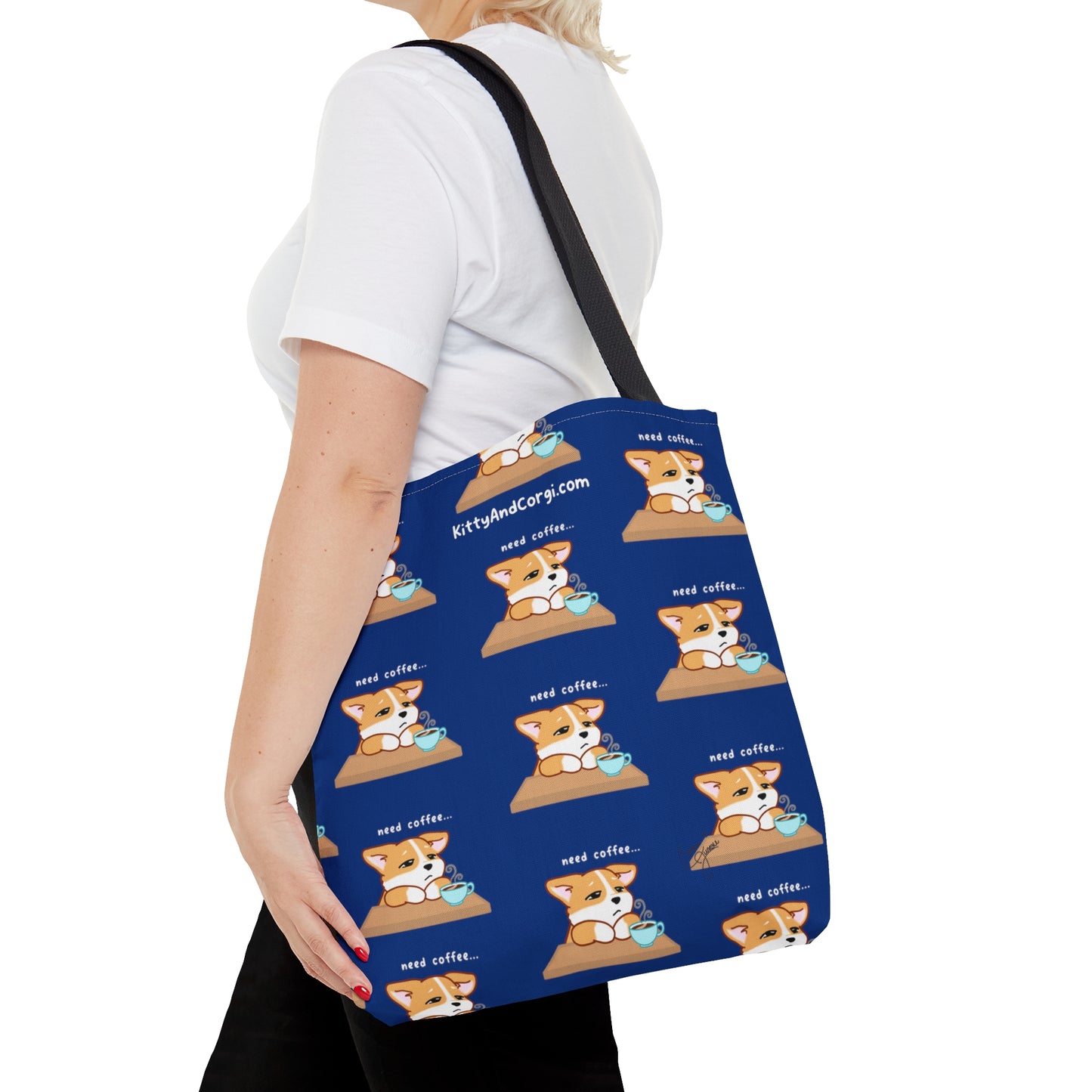 Corgi Needs Coffee - Repeating Pattern in Midnight Blue - Tote Bag