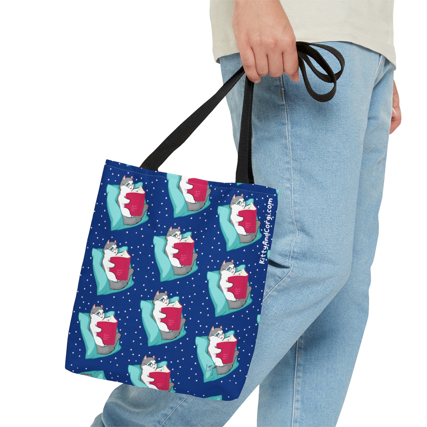 Kitty Reading a Book - Repeating Pattern in Midnight Blue - Tote Bag (AOP)
