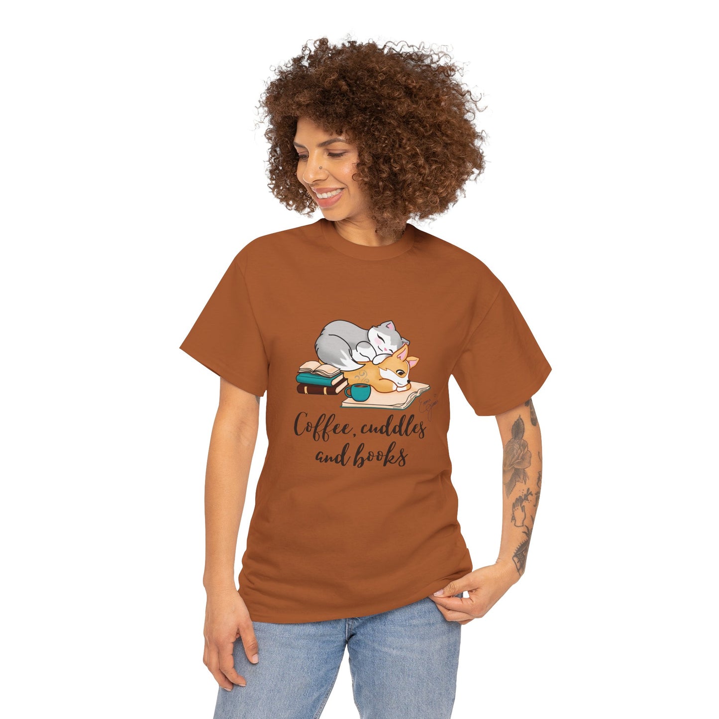 Kitty and Corgi Coffee Cuddles and Books Unisex Heavy Cotton Tee