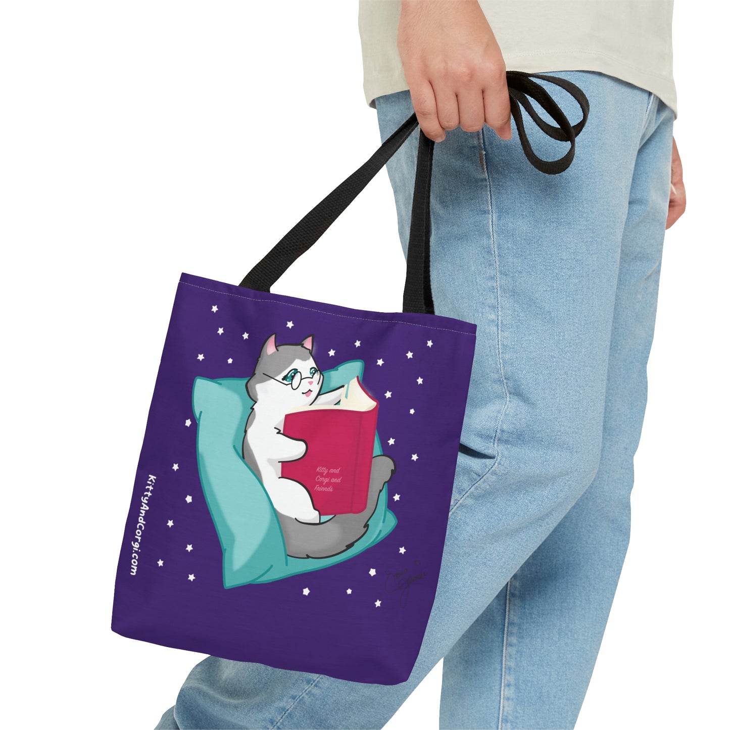 Kitty Reading a Book - single design - Dark Purple Tote Bag (AOP)