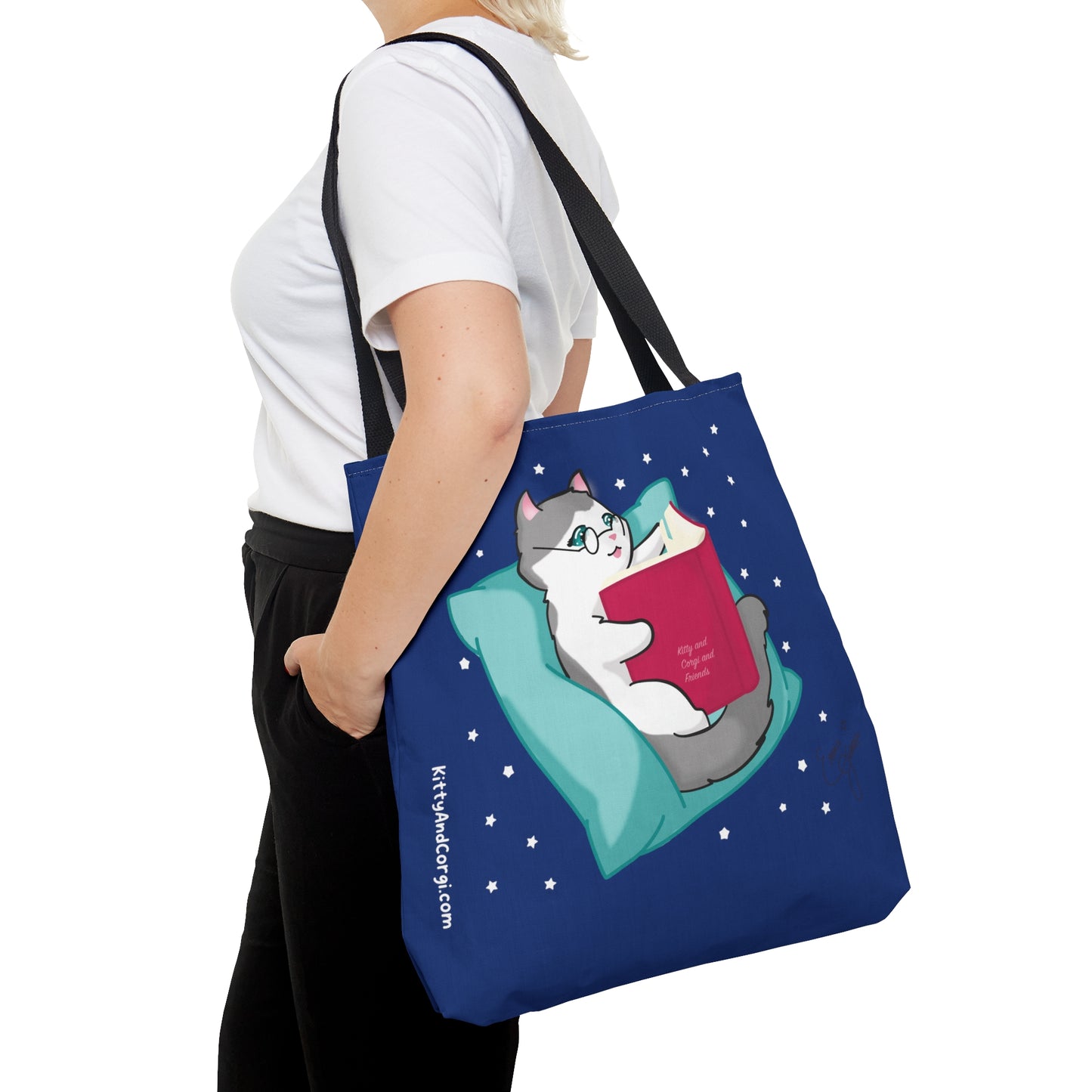Kitty Reading a Book - single design - Midnight Blue Tote Bag (AOP)