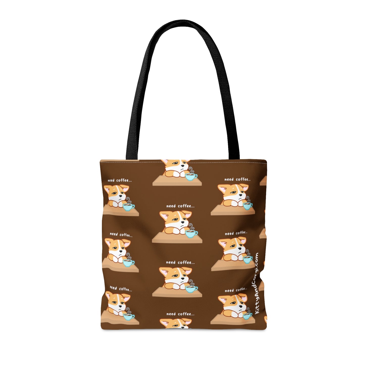 Corgi Needs Coffee - Repeating Pattern in Coffee Brown - Tote Bag