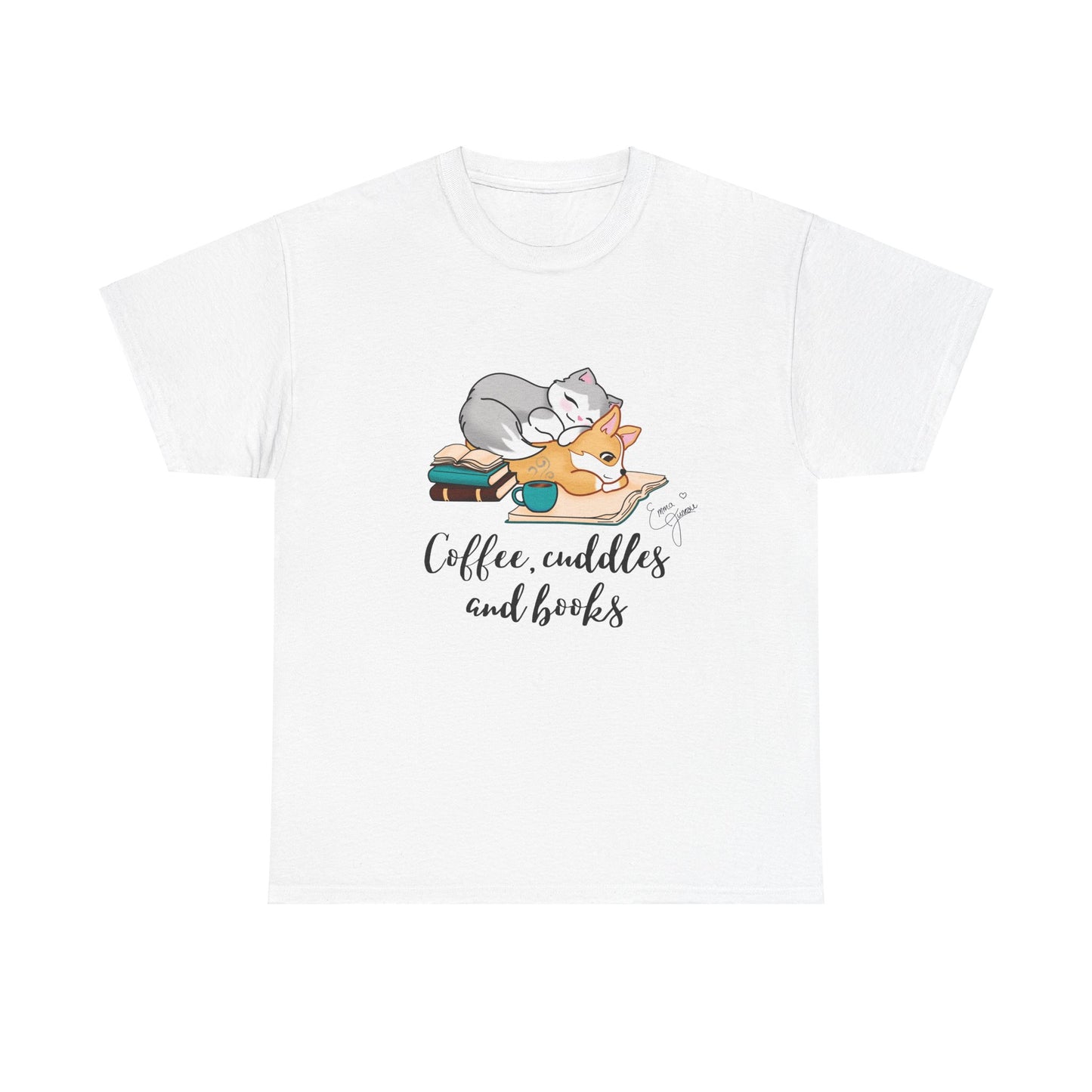 Kitty and Corgi Coffee Cuddles and Books Unisex Heavy Cotton Tee