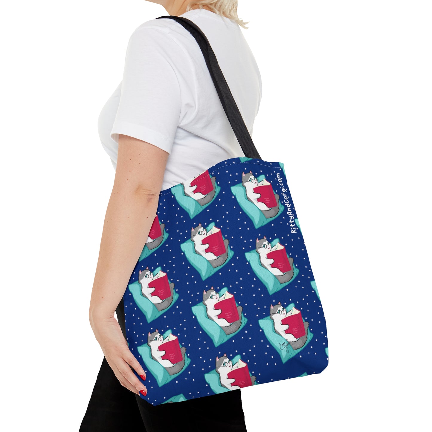 Kitty Reading a Book - Repeating Pattern in Midnight Blue - Tote Bag (AOP)