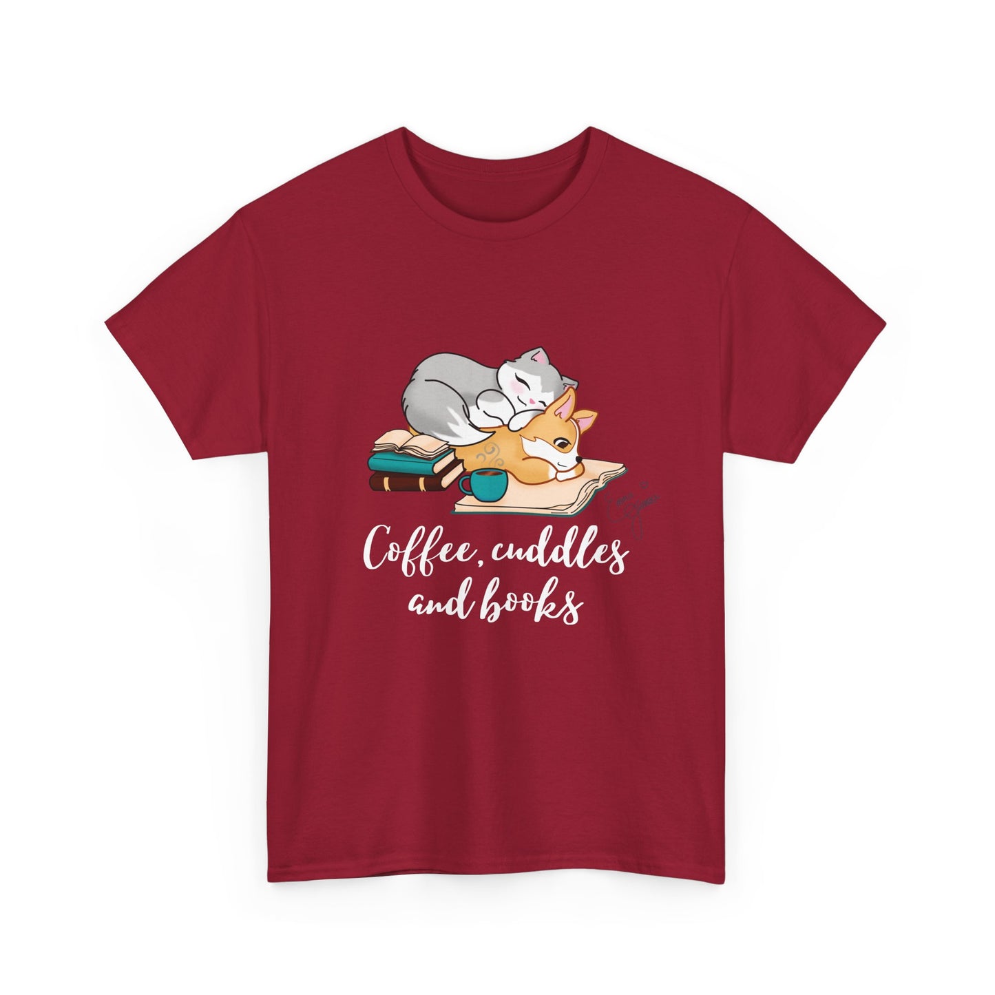 Kitty and Corgi Coffee Cuddles and Books Unisex Heavy Cotton Tee
