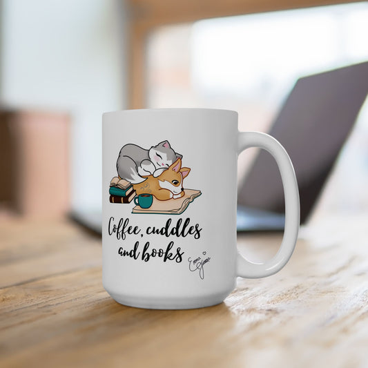 Kitty and Corgi Coffee, Cuddles and Books Mug - 15 oz