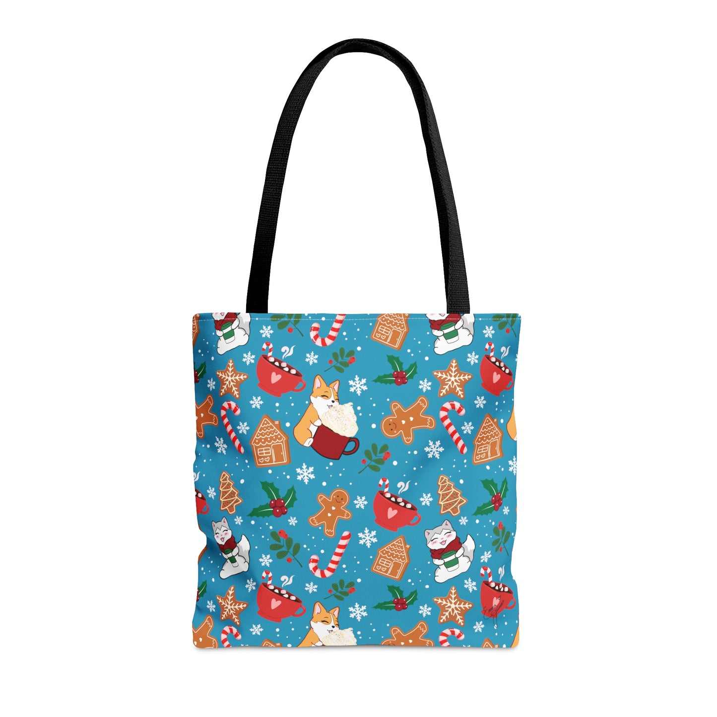 Kitty and Corgi Cocoa and Gingerbread Patterned Turquoise Tote Bag