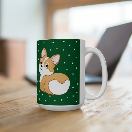 Corgi Butt Ceramic Mug in Christmas Green with stars - single design 15oz