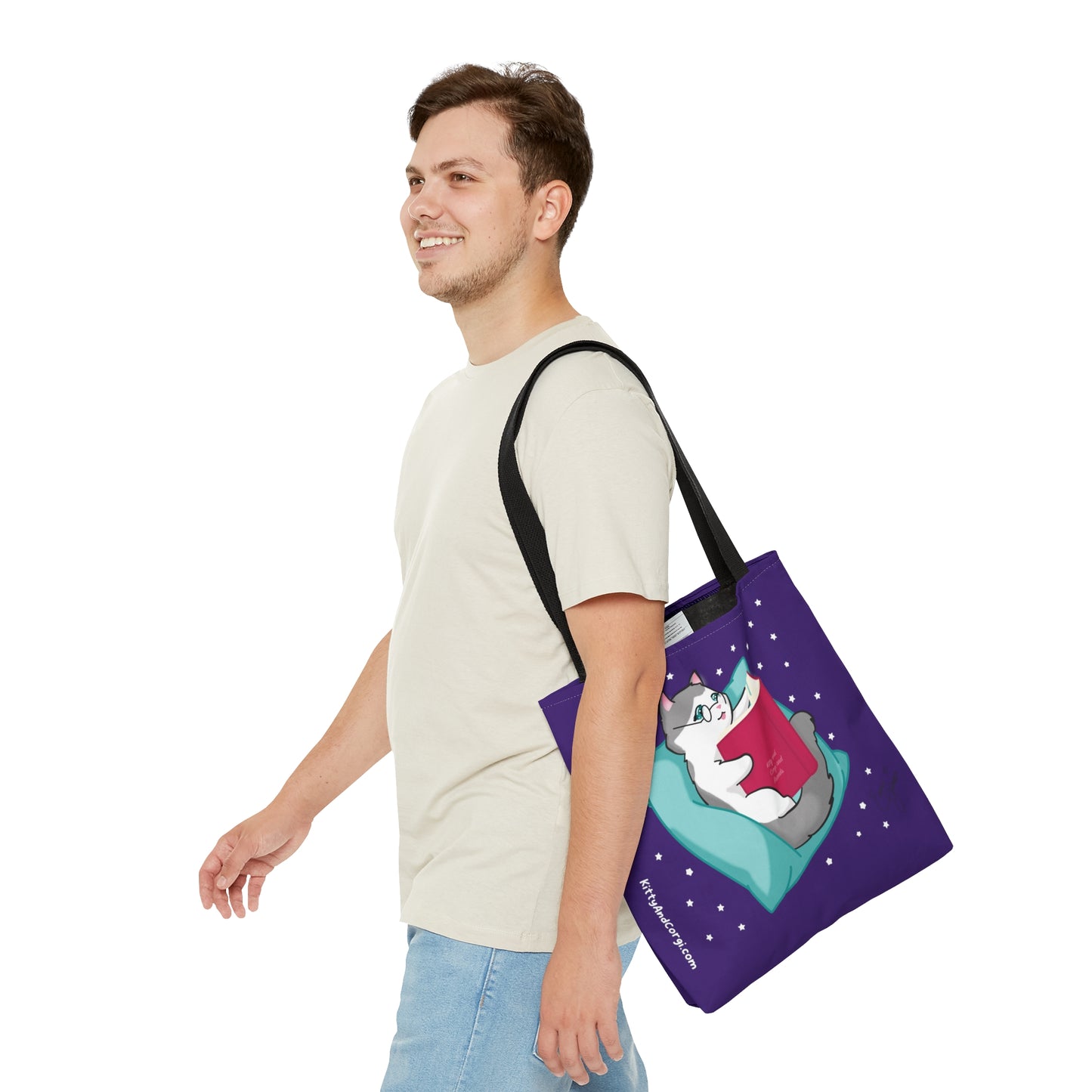Kitty Reading a Book - single design - Dark Purple Tote Bag (AOP)