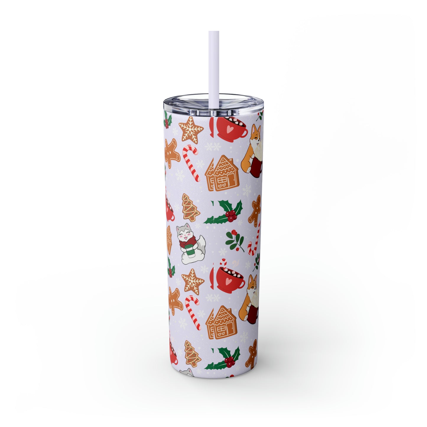 Kitty and Corgi Cocoa and Gingerbread Christmas - Skinny Tumbler with Straw, 20oz