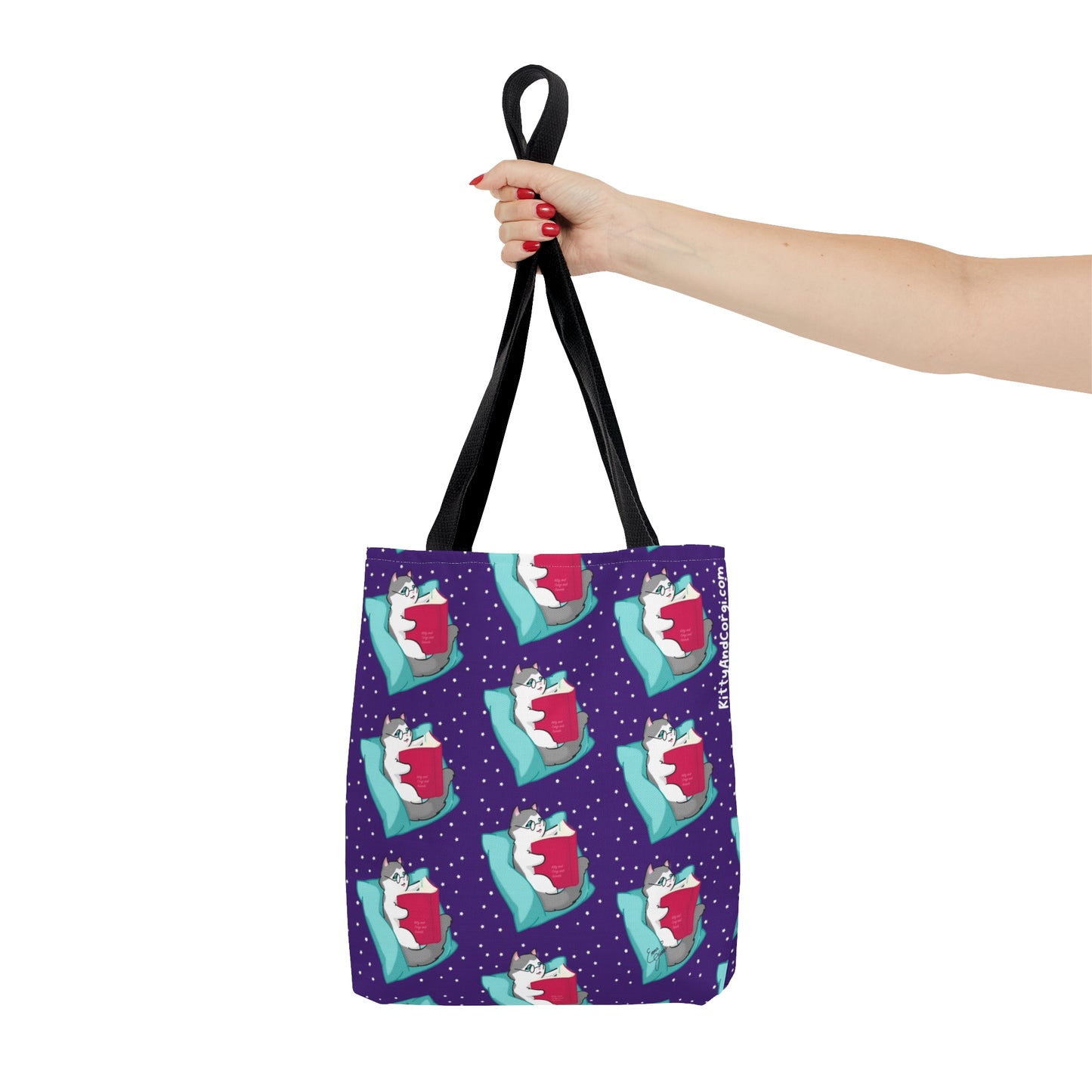 Kitty Reading a Book - Repeating Pattern in Dark Purple - Tote Bag (AOP)