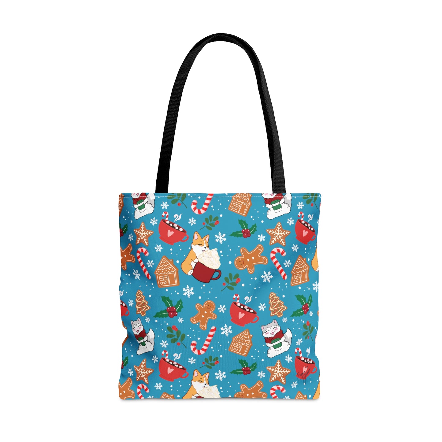 Kitty and Corgi Cocoa and Gingerbread Patterned Turquoise Tote Bag
