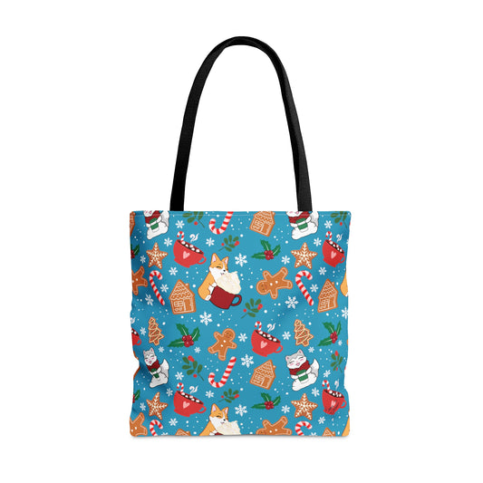 Kitty and Corgi Cocoa and Gingerbread Patterned Turquoise Tote Bag