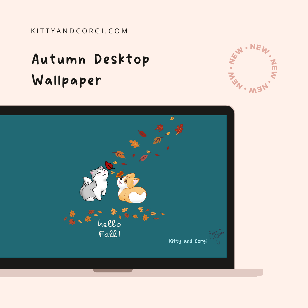 Teal Kitty and Corgi Cozy Fall Vibes 4k Wallpaper Bundle