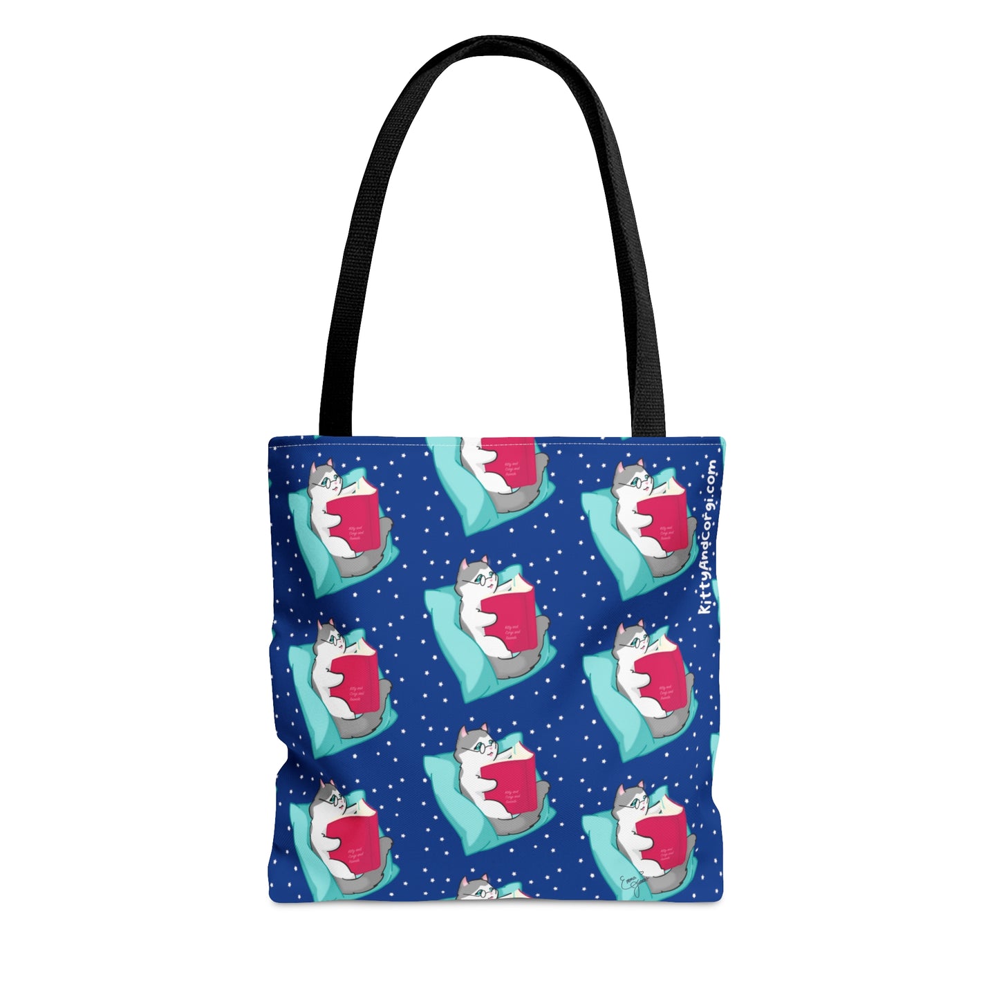 Kitty Reading a Book - Repeating Pattern in Midnight Blue - Tote Bag (AOP)