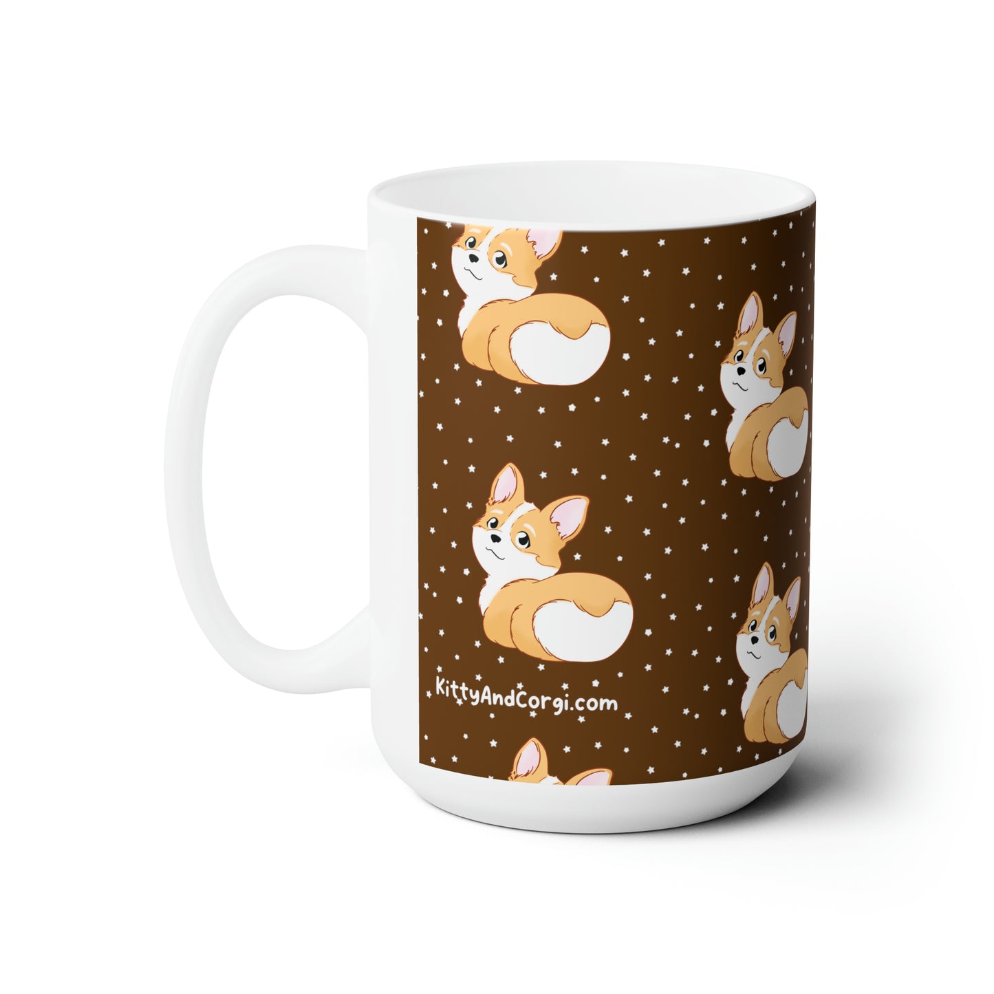 Corgi Butt Patterned Ceramic Mug - Coffee Brown with stars - 15oz