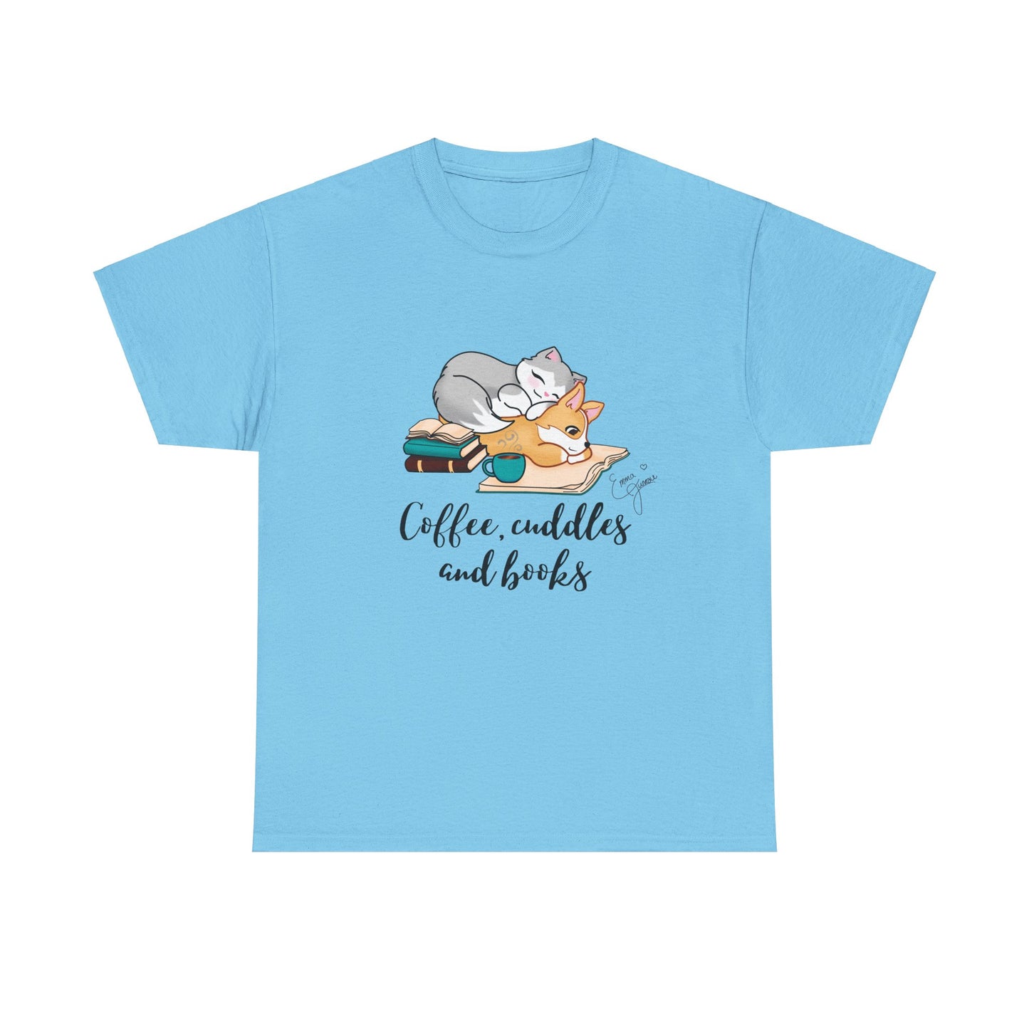 Kitty and Corgi Coffee Cuddles and Books Unisex Heavy Cotton Tee